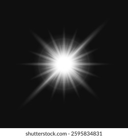Bright white light burst with radiant beams on a dark background. Light burst creates a glowing effect. Radiant beams enhance the glowing light burst. Light effect vector.