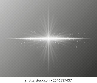 Brilhante rajada de luz branca com raios em forma de estrela, partículas cintilantes e um brilho horizontal em um fundo transparente. Ideal para adicionar um flash radiante ou efeito de brilho