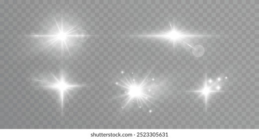 Bright white light effects set. Futuristic glow effect for game interface design. Energy universe aura, bright glow, disco glare, space explosion, illuminated stage.	
