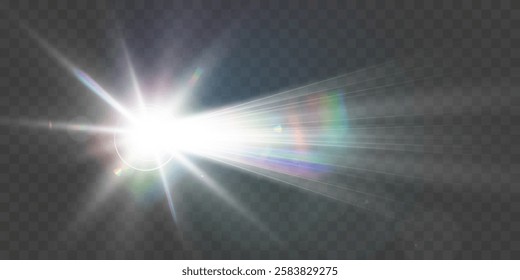 Bright white light explosion with lens flare, rainbow reflections, and sparkles on transparent background.