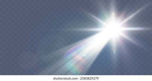 Bright white light explosion with lens flare, rainbow reflections, and sparkles on transparent background.