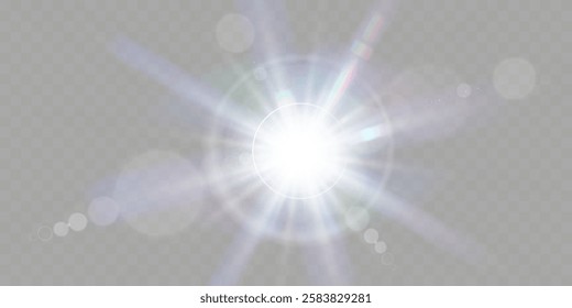 Bright white light explosion with lens flare, rainbow reflections, and sparkles on transparent background.