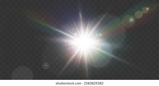 Bright white light explosion with lens flare, rainbow reflections, and sparkles on transparent background.