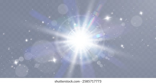 Bright white light explosion with lens flare, rainbow reflections, and sparkles on transparent background.