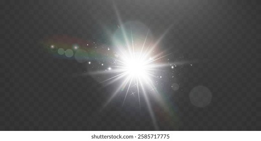 Bright white light explosion with lens flare, rainbow reflections, and sparkles on transparent background.