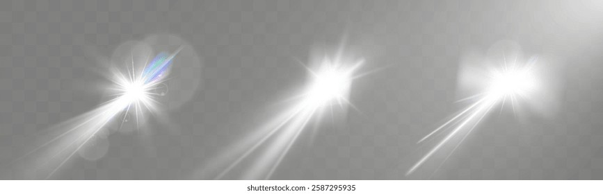 Bright white light explosion with lens flare, rainbow reflections, and sparkles on transparent background.	