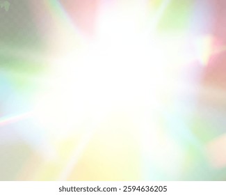 Bright white light explosion with lens flare, rainbow reflections, and sparkles on transparent background.	
