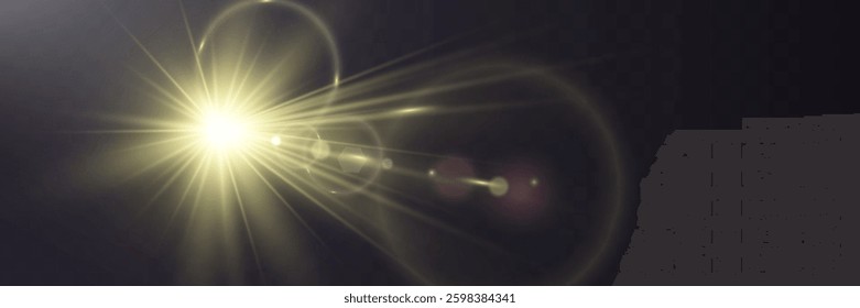Bright white light explosion with lens flare, rainbow reflections, and sparkles on transparent background
