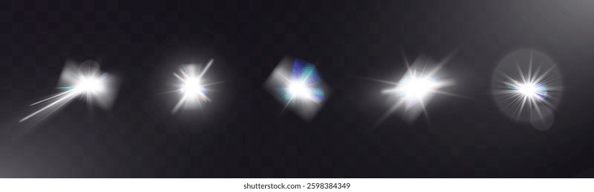 Bright white light explosion with lens flare, rainbow reflections, and sparkles on transparent background
