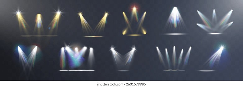 Bright white light explosion with lens flare, rainbow reflections, and sparkles on transparent background.	
