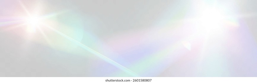 Bright white light explosion with lens flare, rainbow reflections, and sparkles on transparent background.	