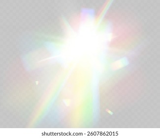 Bright white light explosion with lens flare, rainbow reflections, and sparkles on transparent background.	