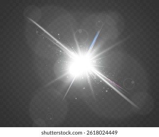 Bright white light explosion with lens flare, rainbow reflections, and sparkles on transparent background.	
