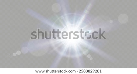 Bright white light explosion with lens flare, rainbow reflections, and sparkles on transparent background.