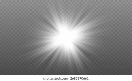 Explosión de luz blanca brillante o efecto de explosión estelar. Ilustración vectorial de un potente destello brillante, aislado en un fondo transparente. Elemento de diseño Abstractas para representar energía, potencia o un BI