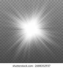 Explosión de luz blanca brillante o efecto de explosión estelar. Ilustración vectorial de un potente destello brillante, aislado en un fondo transparente. Elemento de diseño Abstractas para representar energía, potencia o un BI