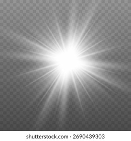 Explosión de luz blanca brillante o efecto de explosión estelar. Ilustración vectorial de un potente destello brillante, aislado en un fondo transparente. Elemento de diseño Abstractas para representar energía, potencia o un BI