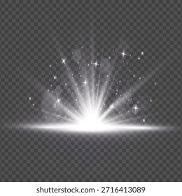 Explosión de luz blanca brillante con estrellas y humo sobre fondo transparente oscuro, efecto de explosión radiante abstracto, fenómeno de supernova