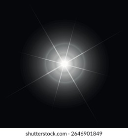A bright white light flash on a dark background with clear, crisscrossing beams and concentric circles around the center, creating a lens or flash effect.