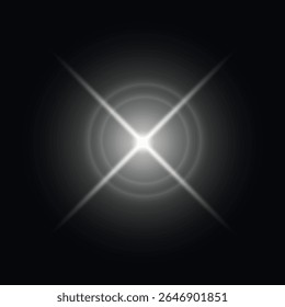 A bright white light flash on a dark background with clear, crisscrossing beams and concentric circles around the center, creating a lens or flash effect.