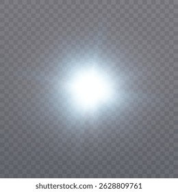 Brilho de luz branco brilhante com efeito sutil flare no fundo transparente. Explosão de luz de spot intermitente para interfaces visuais, iluminação de palco ou efeitos de impacto de energia.

