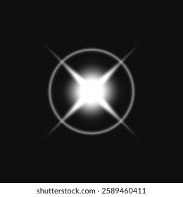 Bright white light on a black background, radiating with a star-like glow. The light shines intensely, creating a striking star effect with radiant beams. Light effect vector.