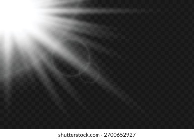 Fonte de luz branca brilhante efeito de brilho de canto brilhante, raio de sol em fundo transparente. brilho abstrato luz de flash radial lente flare iluminação projetor elemento.