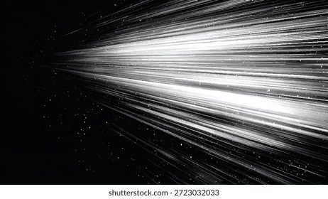 Rayas de luz blanca brillante que irradian desde el centro sobre fondo oscuro con efecto de desenfoque de movimiento abstracto de partículas Pequeñas