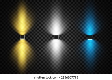 Bright white lighting with spotlights, projector lighting effects, stage, spot light isolated on transparent background, stage lighting spotlights collection, stage lighting big collection, vector.