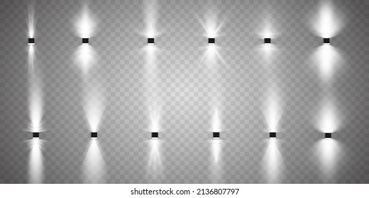 Bright white lighting with spotlights, projector lighting effects, stage, spot light isolated on transparent background, stage lighting spotlights collection, stage lighting big collection, vector.