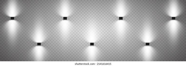 Bright white lighting with spotlights, projector lighting effects, stage, spot light isolated on transparent background, stage lighting spotlights collection, stage lighting big collection, vector.
