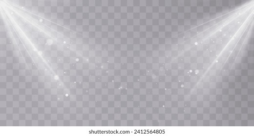 Bright white lighting with spotlights, projector light effects with spot light isolated on transparent background with bokeh and flare effect.