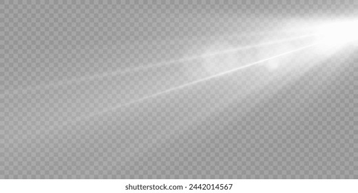 Bright white lighting with spotlights, projector light effects with spot light isolated on transparent background with bokeh and flare effect.
