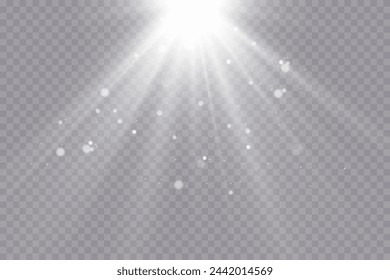 Bright white lighting with spotlights, projector light effects with spot light isolated on transparent background with bokeh and flare effect.