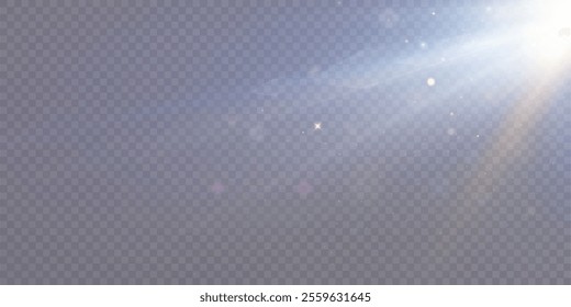 Bright white lighting with spotlights, projector light effects with spot light isolated on transparent background with bokeh and flare effect.	