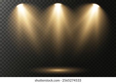 Bright white lighting with spotlights. 
Vector spotlights with bright white light to illuminate the stage. Spotlight with bright white light. Spotlight isolated on transparent background, vector.