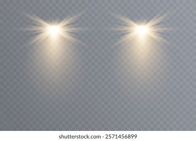 Bright white lighting with spotlights. 
Vector spotlights with bright white light to illuminate the stage. Spotlight with bright white light. Spotlight isolated on transparent background, vector.