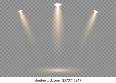 Bright white lighting with spotlights. 
Vector spotlights with bright white light to illuminate the stage. Spotlight with bright white light. Spotlight isolated on transparent background, vector.