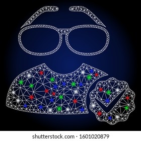 Bright white mesh for clevers with glow effect. Abstract illuminated model of for clevers. Shiny wire carcass triangular mesh for clevers icon. Vector abstraction on a dark blue gradient background.