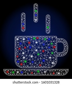 Bright white mesh coffee mug with sparkle effect. Abstract illuminated model of coffee mug. Shiny wire carcass triangular mesh coffee mug icon. Vector abstraction on a dark blue gradient background.