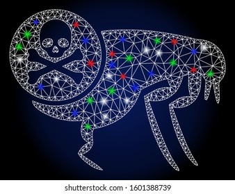 Bright white mesh flea pesticide with lightspot effect. Abstract illuminated model of flea pesticide. Shiny wire frame triangular mesh flea pesticide icon.