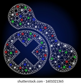 Bright white mesh forbidden peanut with glare effect. Abstract illuminated model of forbidden peanut. Shiny wire frame triangular mesh forbidden peanut icon.