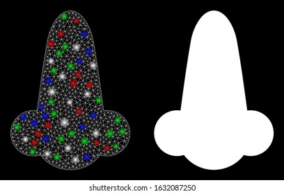 Bright white mesh human nose with glare effect. Abstract illuminated model of human nose. Shiny wire carcass polygonal mesh human nose icon on a black background.