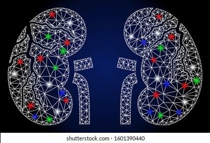 Bright white mesh kidneys cancer with glow effect. Abstract illuminated model of kidneys cancer. Shiny wire carcass triangular mesh kidneys cancer icon.