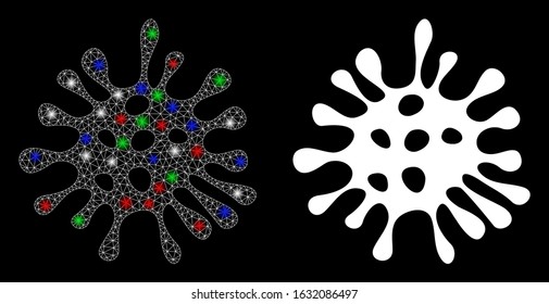 Bright white mesh microbe with glitter effect. Abstract illuminated model of microbe. Shiny wire frame polygonal mesh microbe icon on a black background. Vector 2d mesh designed with polygonal grid,