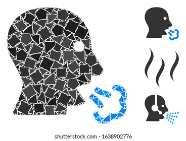 Bright white mesh mouth breath with lightspot effect. Abstract illuminated model of mouth breath. Shiny wire frame triangular mesh mouth breath icon on a black background.