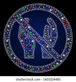 Bright white mesh no applause with glitter effect. Abstract illuminated model of no applause. Shiny wire carcass polygonal mesh no applause icon. Vector abstraction on a dark blue gradient background.