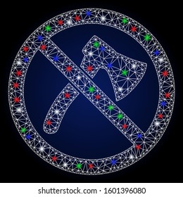 Bright white mesh no axe with glare effect. Abstract illuminated model of no axe. Shiny wire frame polygonal mesh no axe icon. Vector abstraction on a dark blue gradient background.