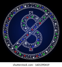 Bright white mesh no dollar with glow effect. Abstract illuminated model of no dollar. Shiny wire carcass polygonal mesh no dollar icon. Vector abstraction on a dark blue gradient background.