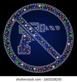 Bright white mesh no drill with glitter effect. Abstract illuminated model of no drill. Shiny wire carcass triangular mesh no drill icon. Vector abstraction on a dark blue gradient background.